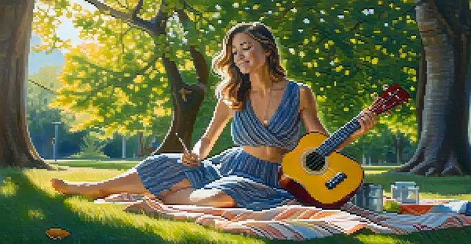 A young woman sitting on a picnic blanket in a park, practicing ukulele with sunlight filtering through the trees.