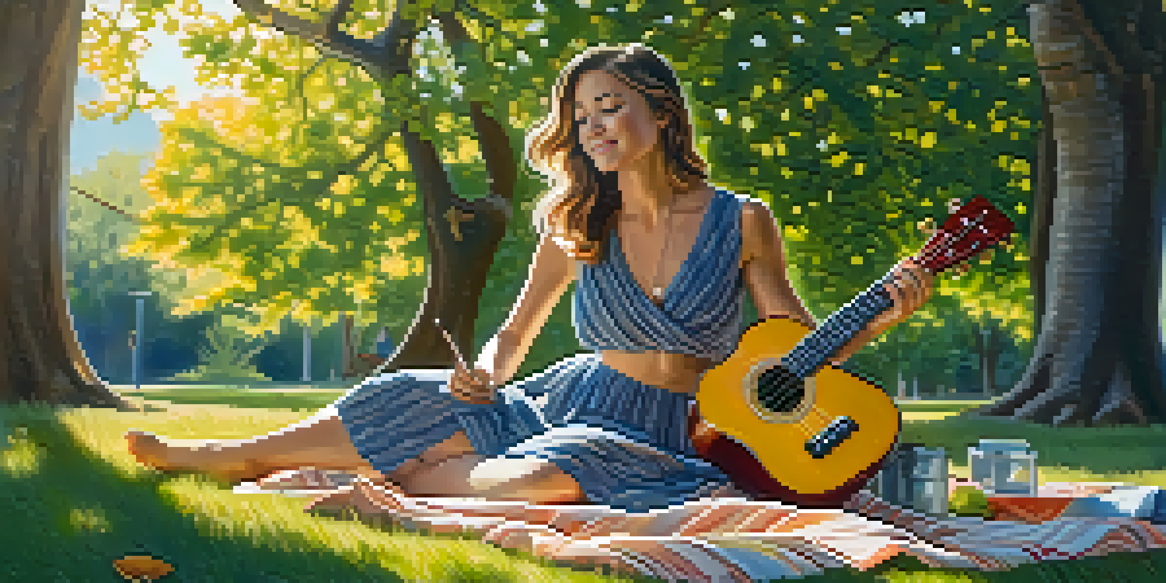 A young woman sitting on a picnic blanket in a park, practicing ukulele with sunlight filtering through the trees.