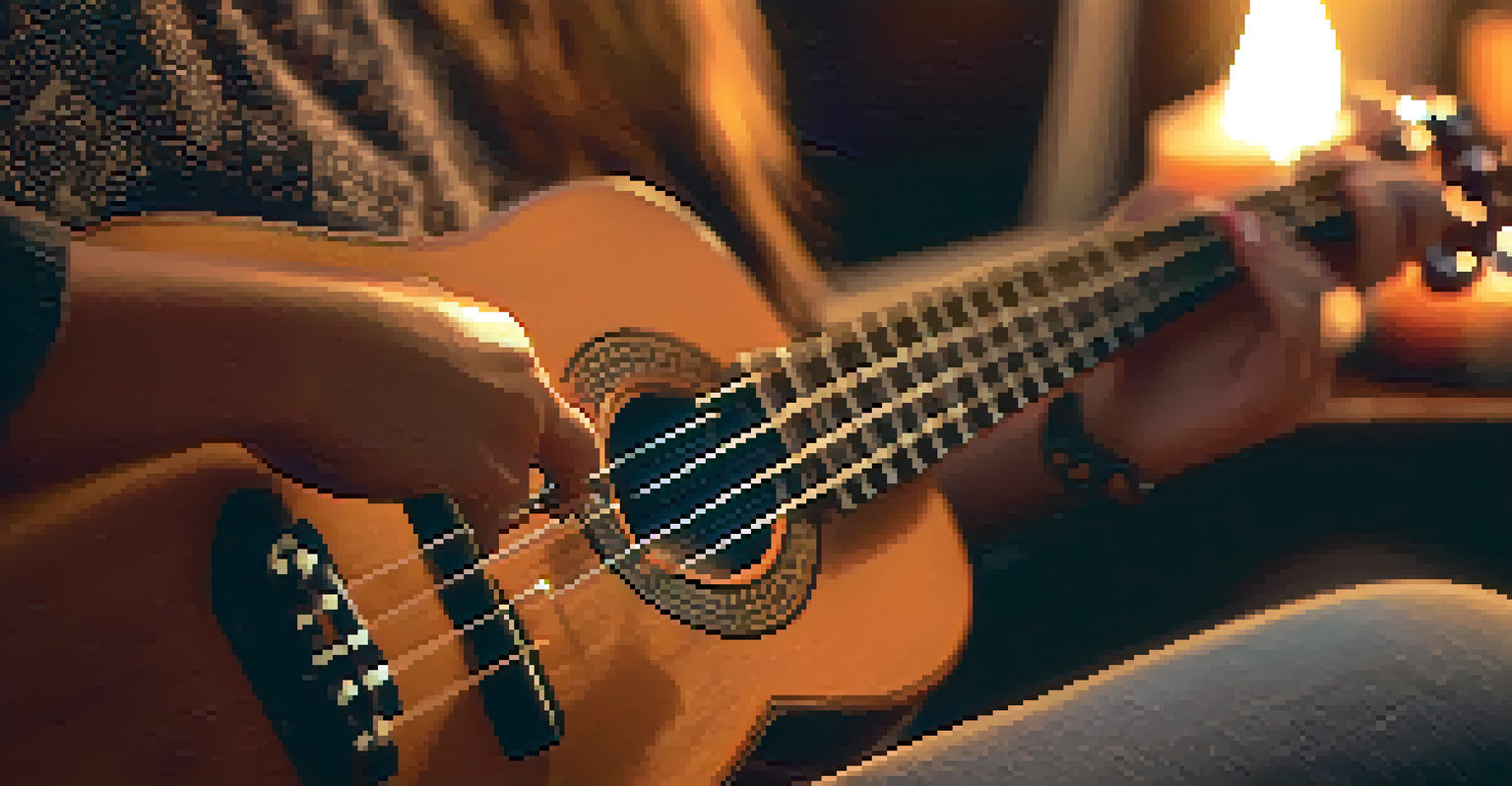 Close-up of hands playing a ukulele in a cozy meditation corner, with candles and cushions in the background.