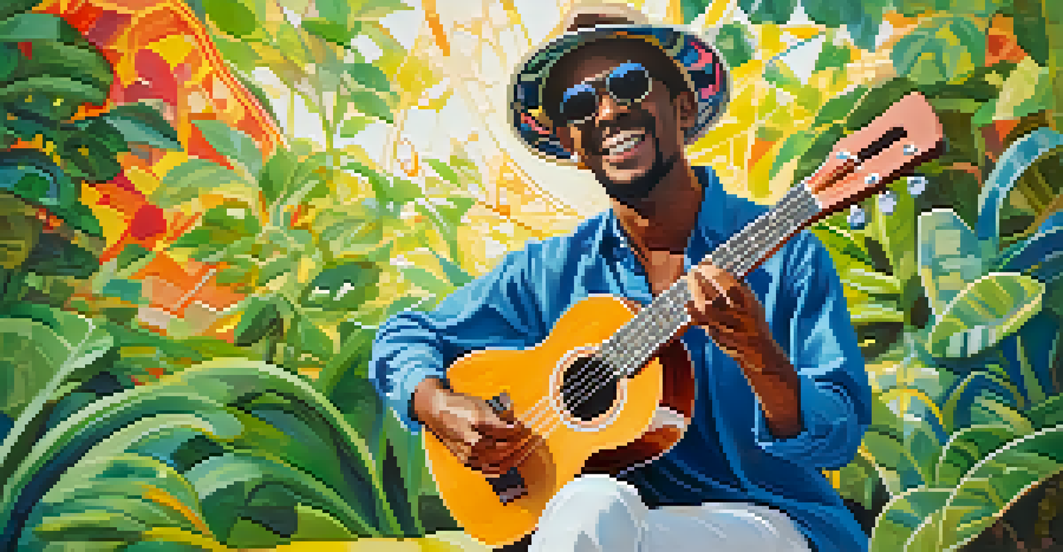 A musician playing a ukulele with an abstract fabric design, sitting outdoors in a park surrounded by trees.