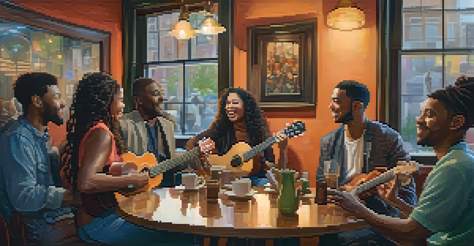 A diverse group of musicians playing together in a coffee shop, featuring a prominent ukulele.
