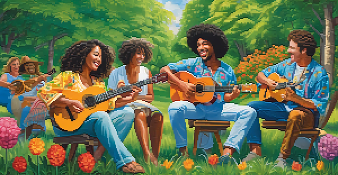 A group of diverse musicians playing ukuleles in a sunny park surrounded by greenery and flowers.