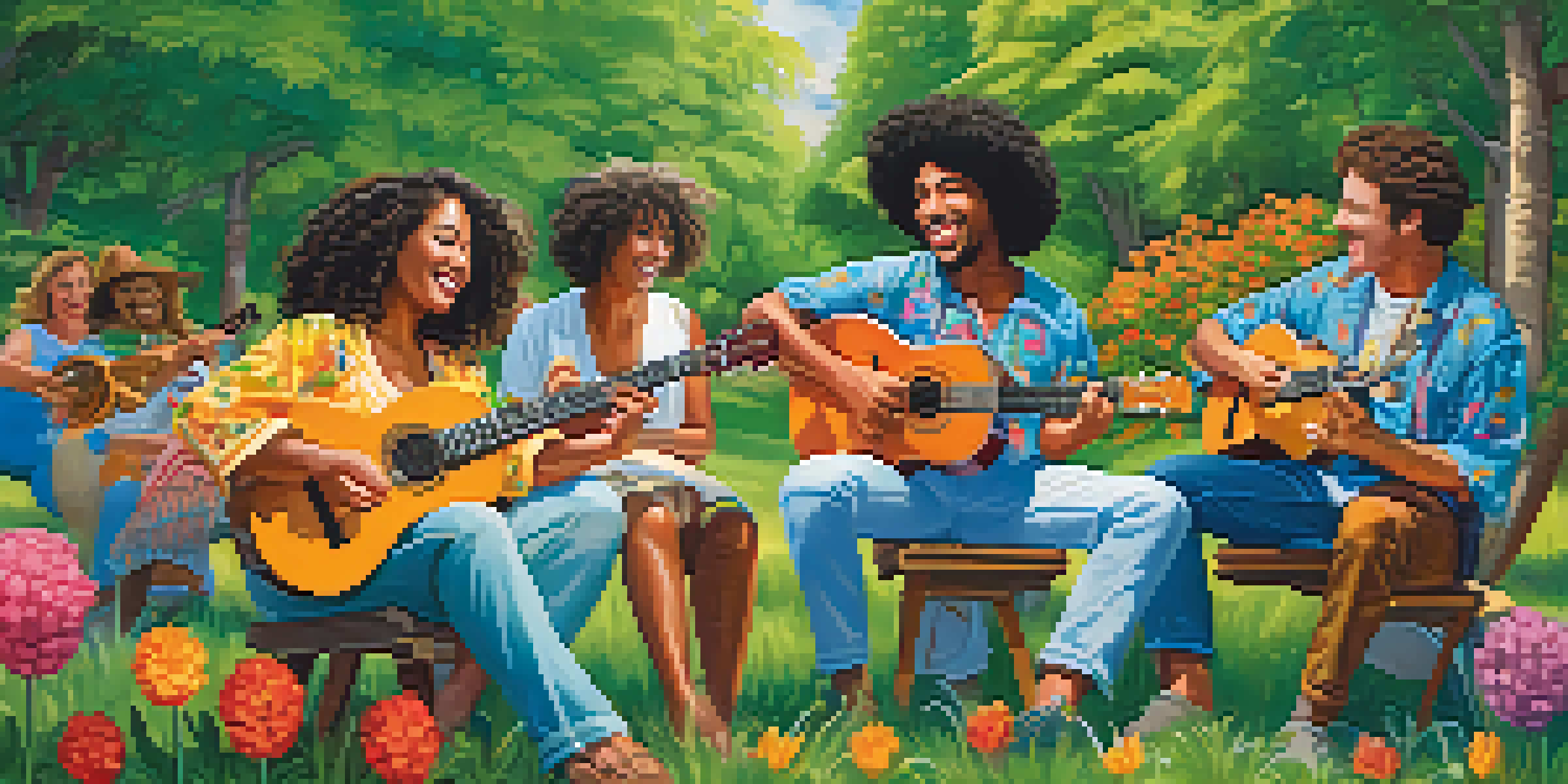 A group of diverse musicians playing ukuleles in a sunny park surrounded by greenery and flowers.