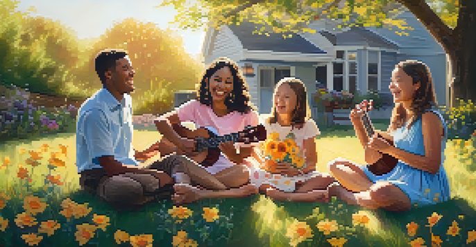 A happy family sitting in a circle in a sunny backyard, playing ukuleles and singing together, surrounded by flowers and green trees.