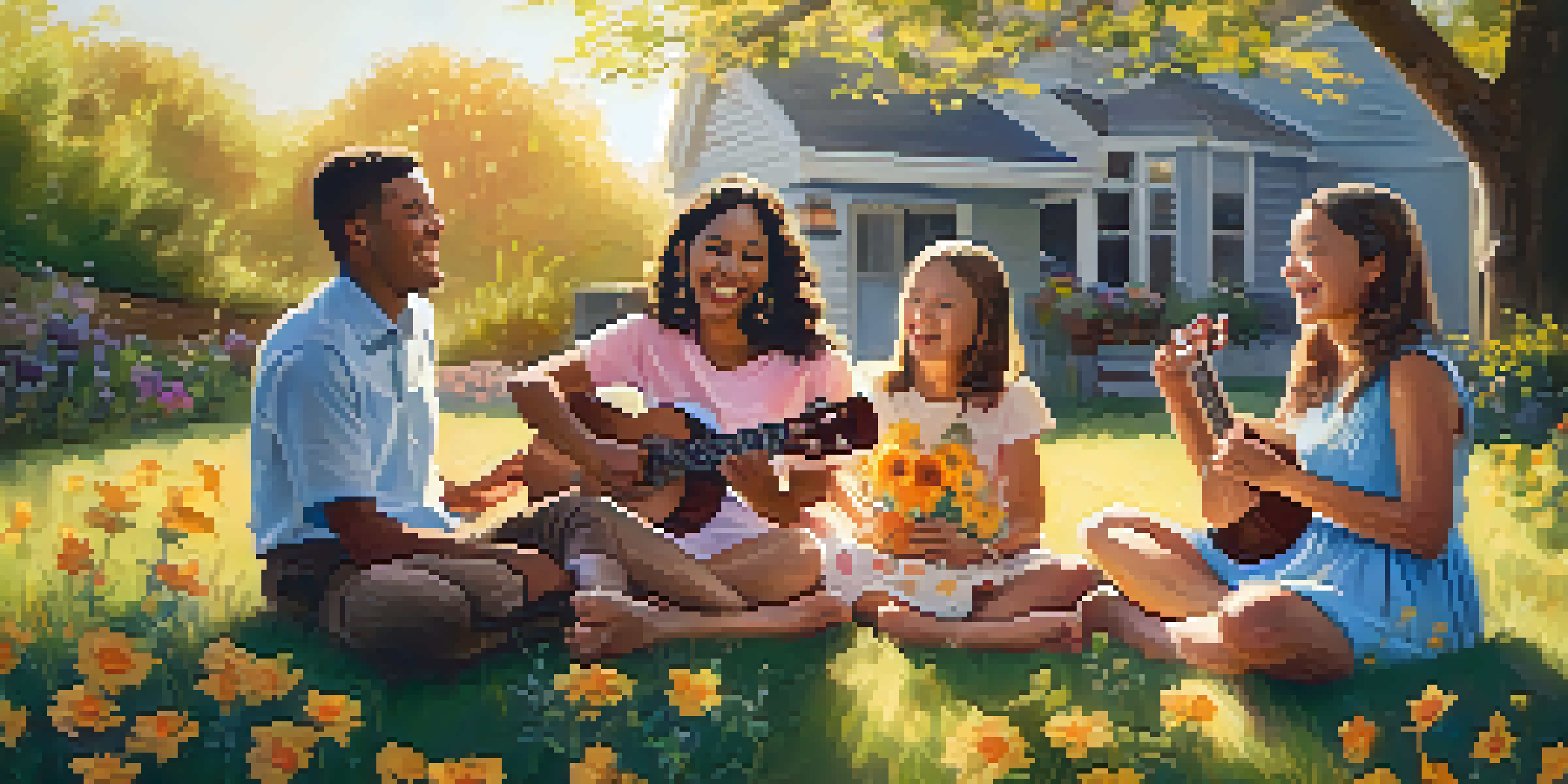 A happy family sitting in a circle in a sunny backyard, playing ukuleles and singing together, surrounded by flowers and green trees.