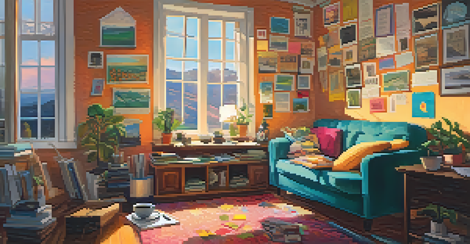 A songwriter sitting on a couch with a ukulele, surrounded by notes and a cup of tea, in a warm and inviting indoor space.