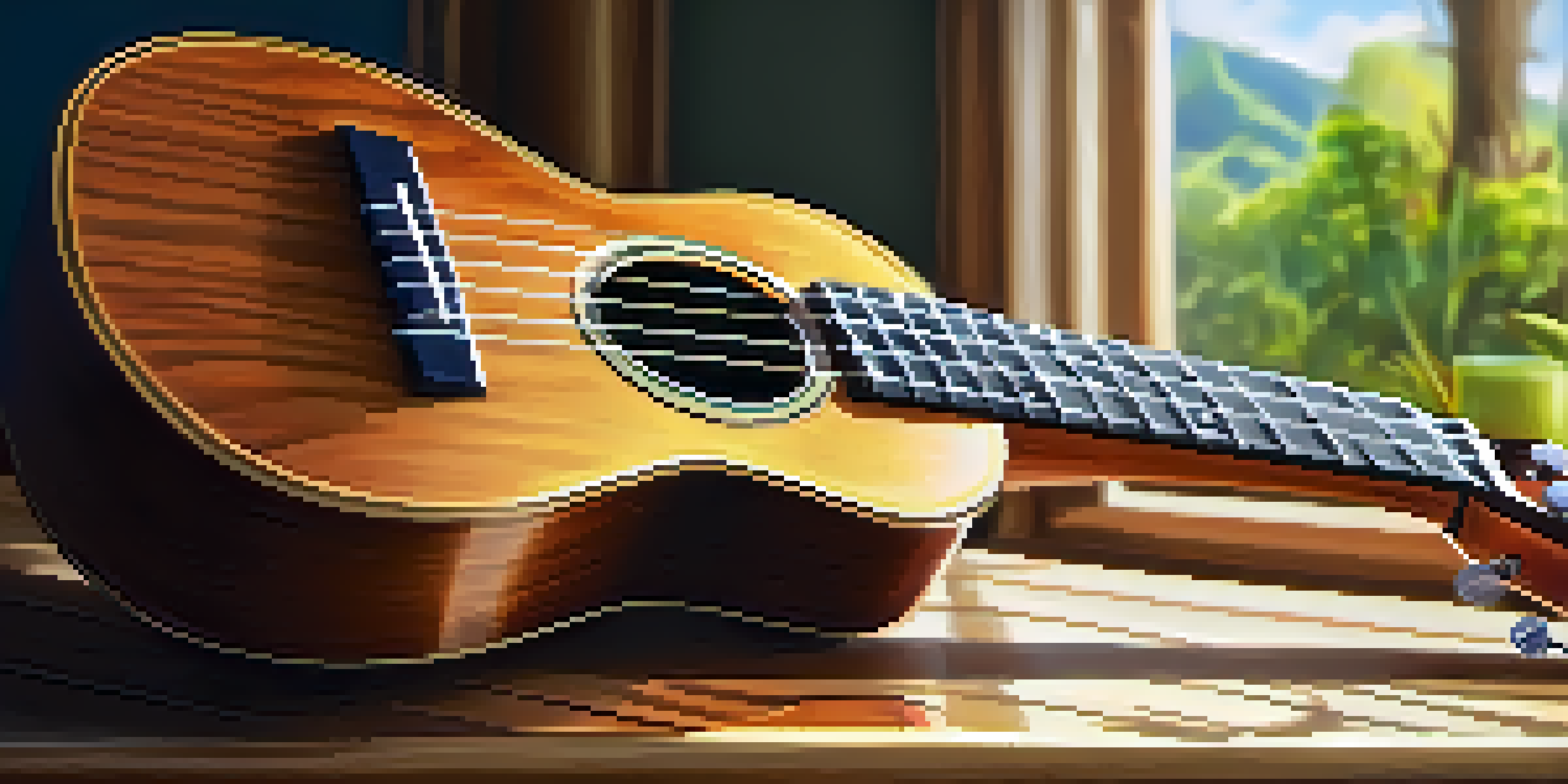 A close-up of a ukulele on a wooden table, illuminated by sunlight, with blurred greenery in the background.