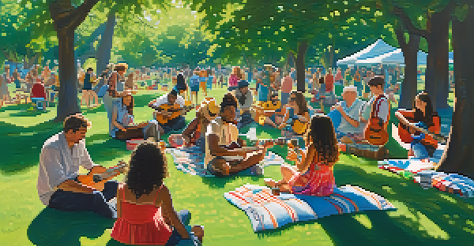 A diverse group of people enjoying a ukulele jam session in a sunny park with colorful picnic blankets and green trees.