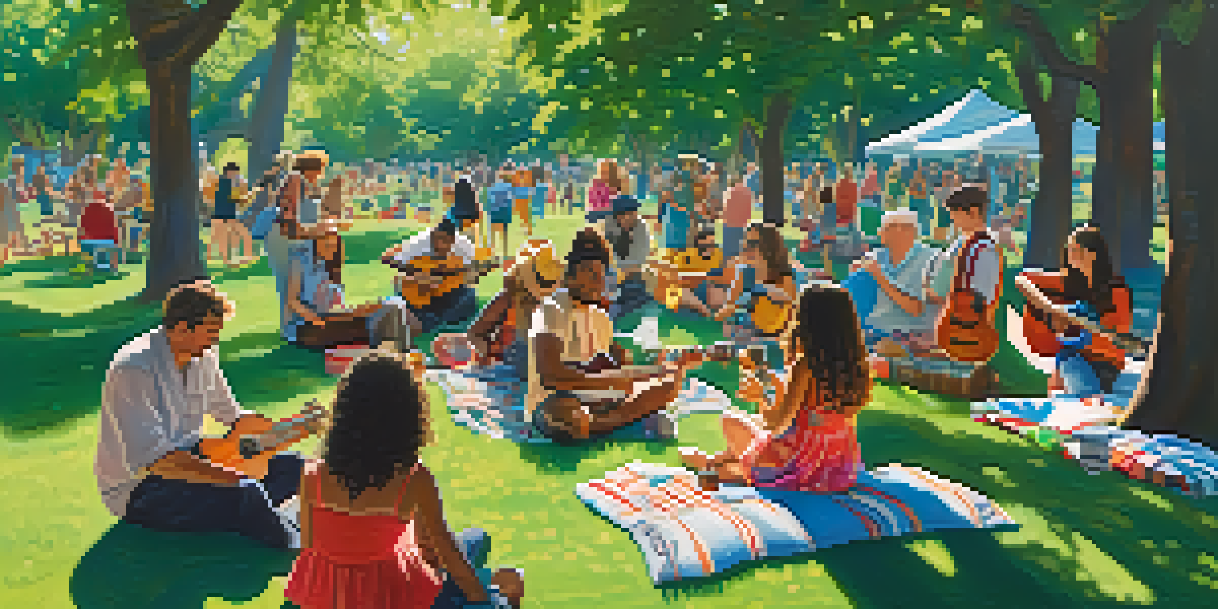 A diverse group of people enjoying a ukulele jam session in a sunny park with colorful picnic blankets and green trees.