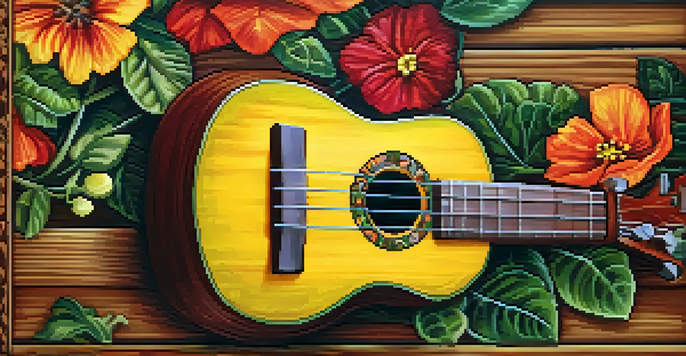 A customized ukulele with vibrant floral fabric design, showcasing rich colors against a warm wooden background.