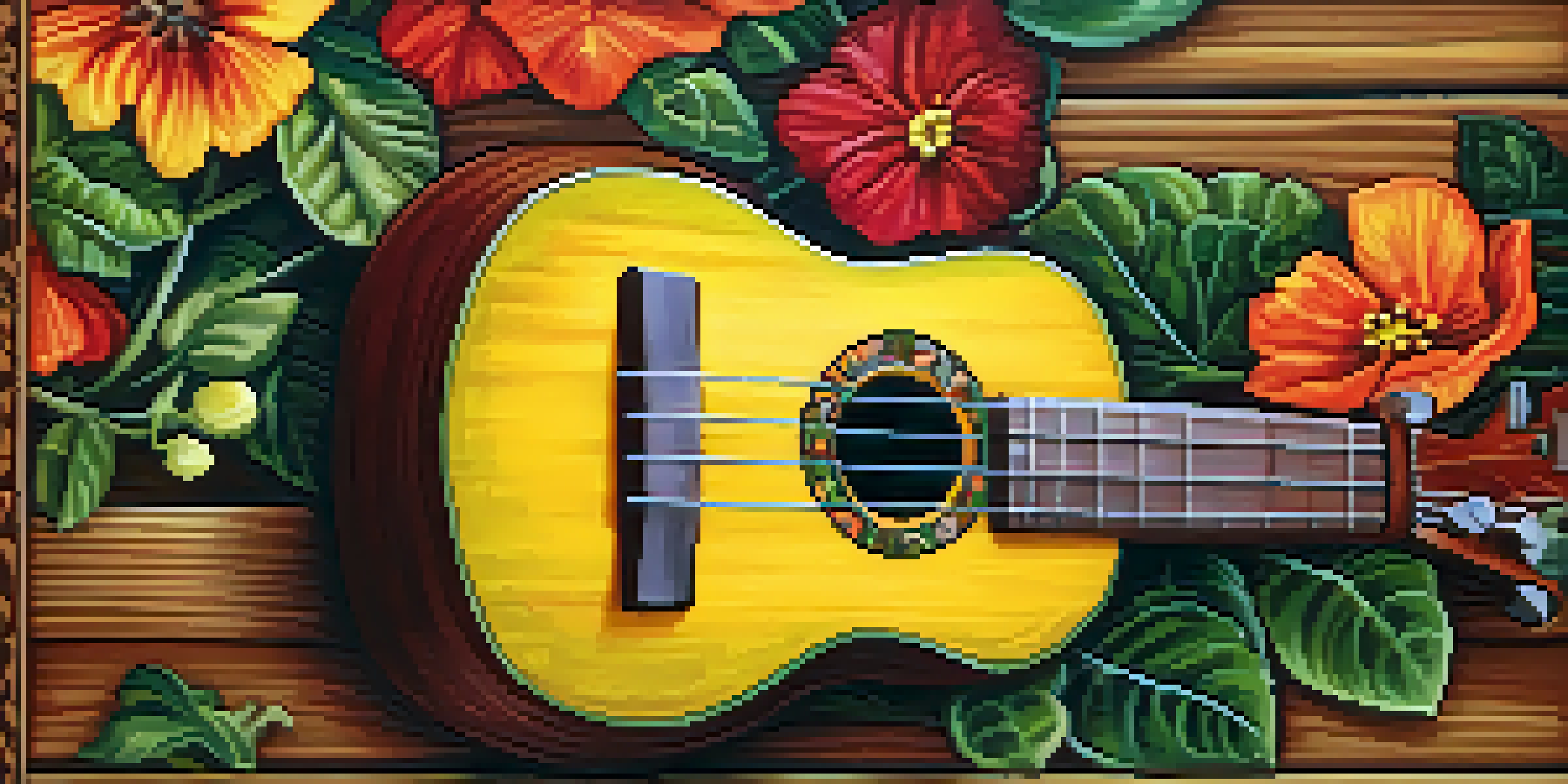 A customized ukulele with vibrant floral fabric design, showcasing rich colors against a warm wooden background.