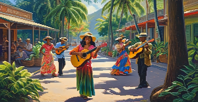 A lively Hawaiian street scene from the late 19th century with musicians playing ukuleles and people dancing under tropical trees.