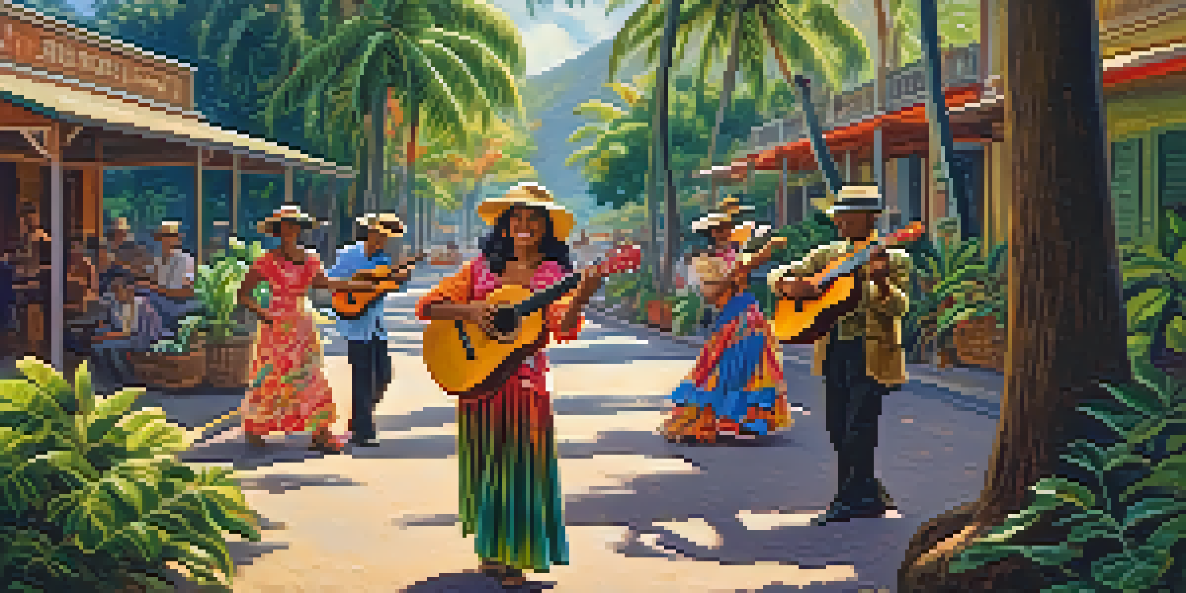 A lively Hawaiian street scene from the late 19th century with musicians playing ukuleles and people dancing under tropical trees.