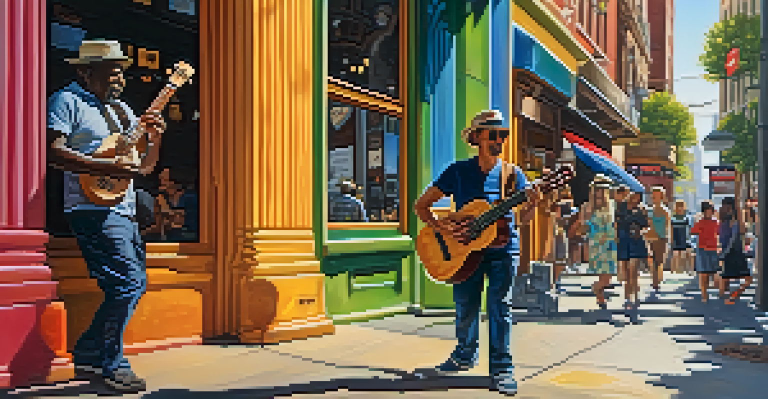 A street musician playing the ukulele with colorful street art in the background and people enjoying the performance.