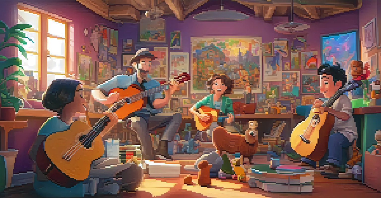 A whimsical animation studio with animated characters playing ukuleles, surrounded by colorful art supplies and sketches.