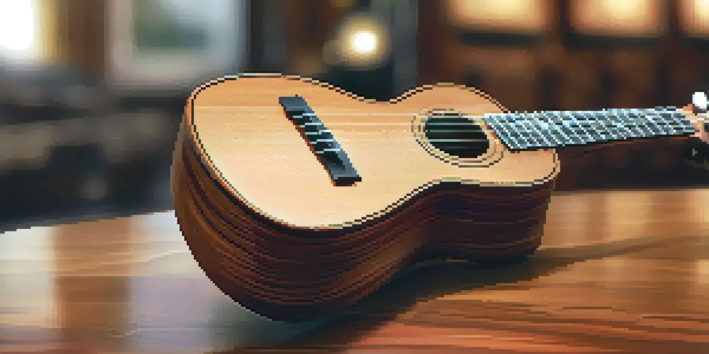 A close-up of a mahogany ukulele in a cozy music room, highlighting its warm tones and intricate grain patterns.