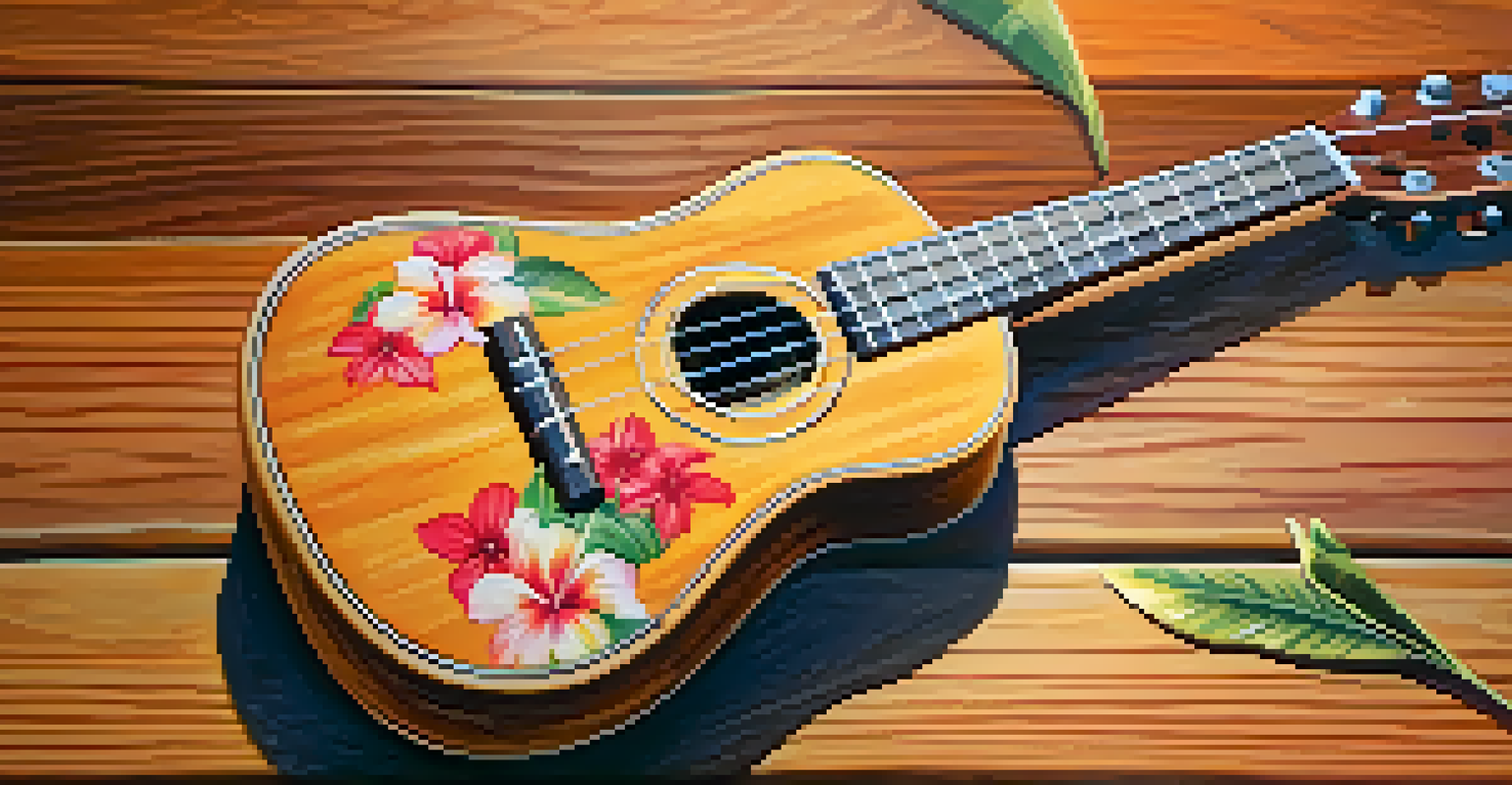 A close-up of a decorated ukulele surrounded by tropical flowers, illuminated by warm sunlight.