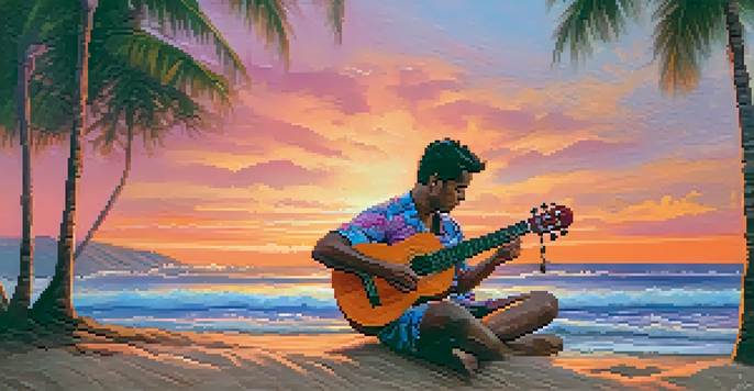 A person playing a ukulele on a Hawaiian beach at sunset, with vibrant colors in the sky and gentle waves.