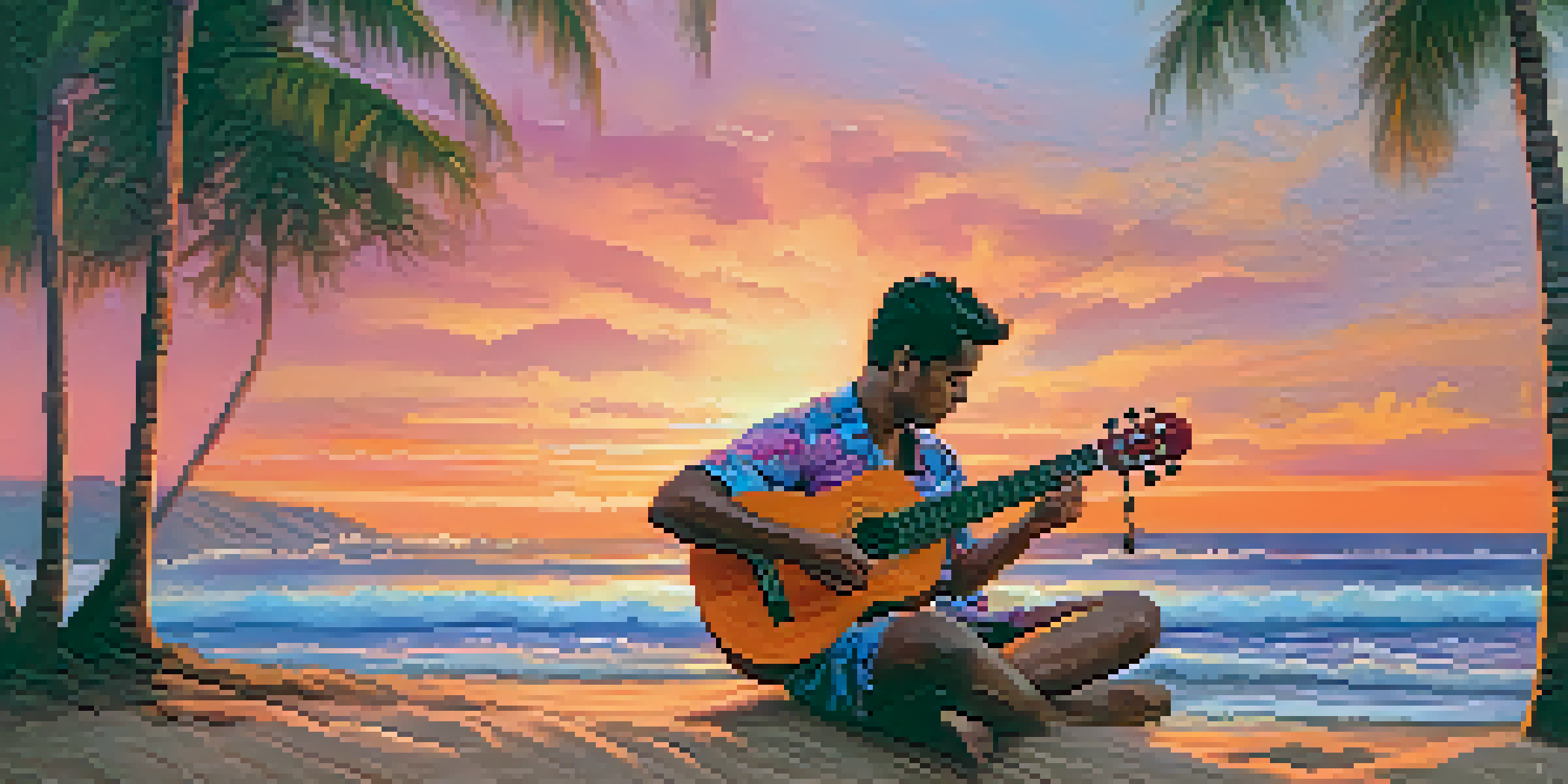 A person playing a ukulele on a Hawaiian beach at sunset, with vibrant colors in the sky and gentle waves.
