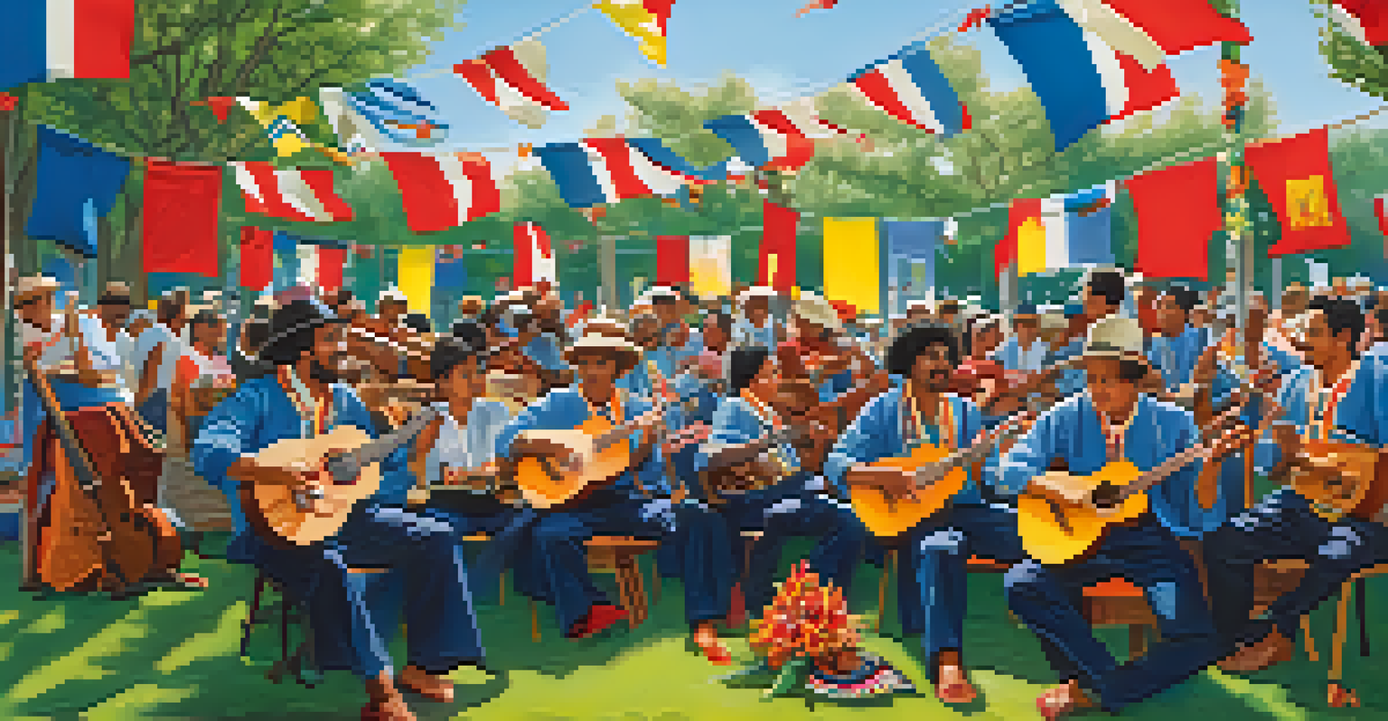 A diverse group of musicians playing ukuleles at a cultural festival in a park, with colorful decorations and a cheerful audience.