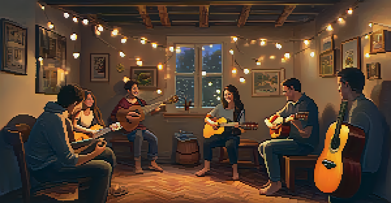 A cozy indoor gathering with friends playing ukuleles, surrounded by fairy lights and a warm glow.