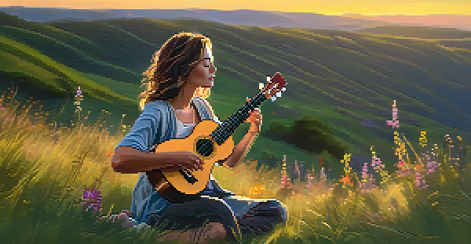 A ukulele player on a grassy hillside at sunset, playing their instrument with a peaceful expression.
