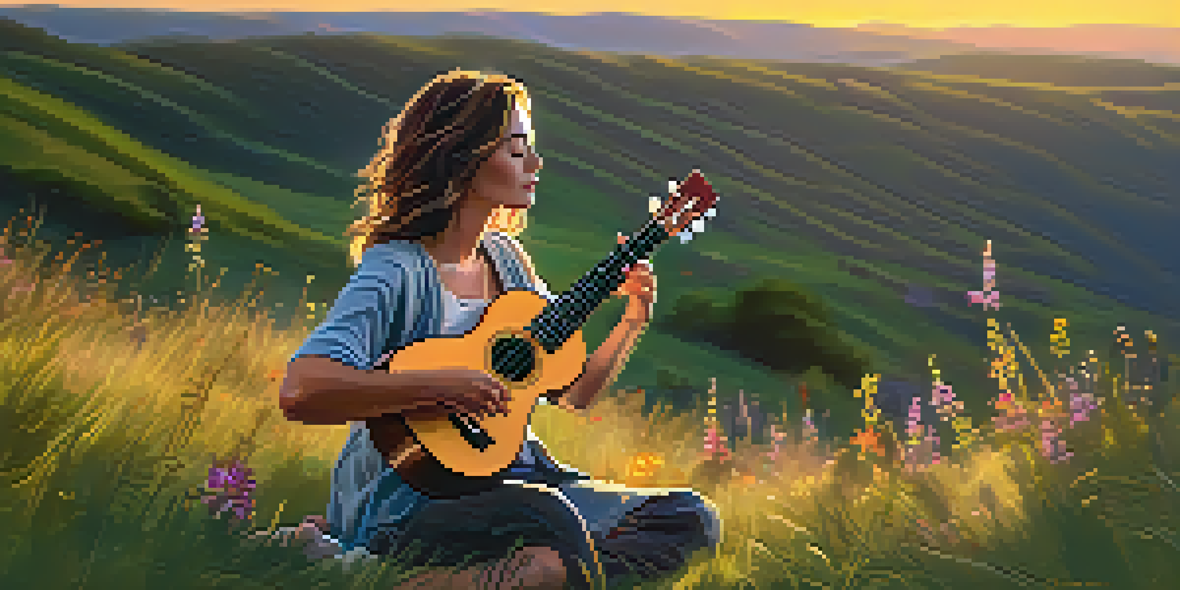 A ukulele player on a grassy hillside at sunset, playing their instrument with a peaceful expression.