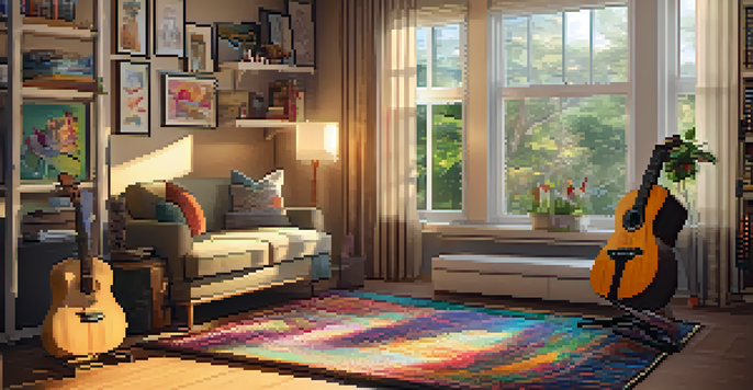 A warm and inviting music therapy room with a ukulele on a colorful rug and natural light coming through a window.