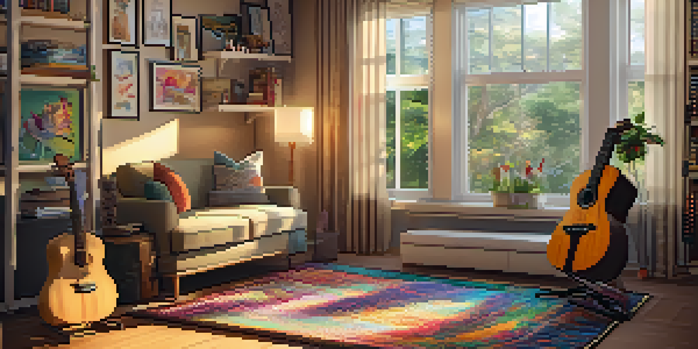 A warm and inviting music therapy room with a ukulele on a colorful rug and natural light coming through a window.