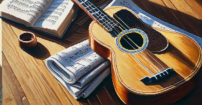 A close-up of a ukulele on a wooden table, illuminated by sunlight, surrounded by colorful music sheets.