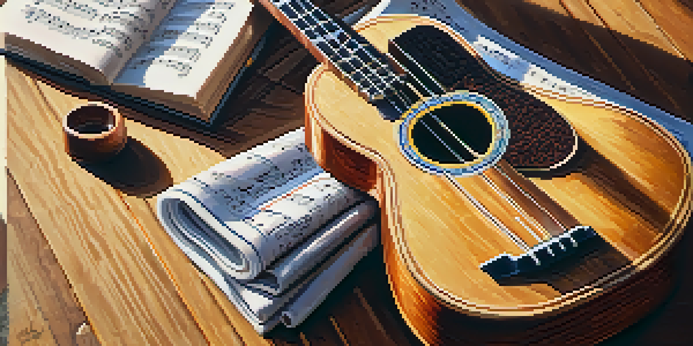A close-up of a ukulele on a wooden table, illuminated by sunlight, surrounded by colorful music sheets.