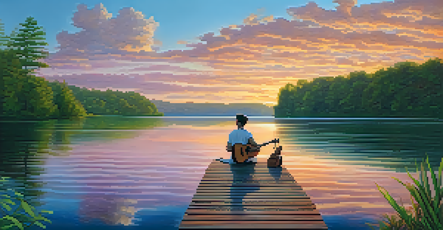 A person playing a ukulele on a dock by a lake at sunset with colorful reflections and greenery around.