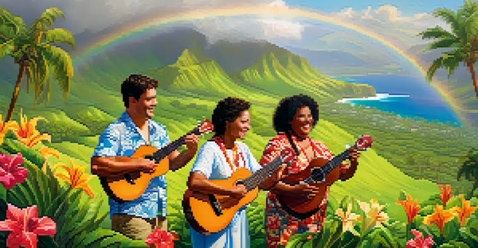 A group of people playing ukuleles in a lush Hawaiian valley with a rainbow and tropical flowers.