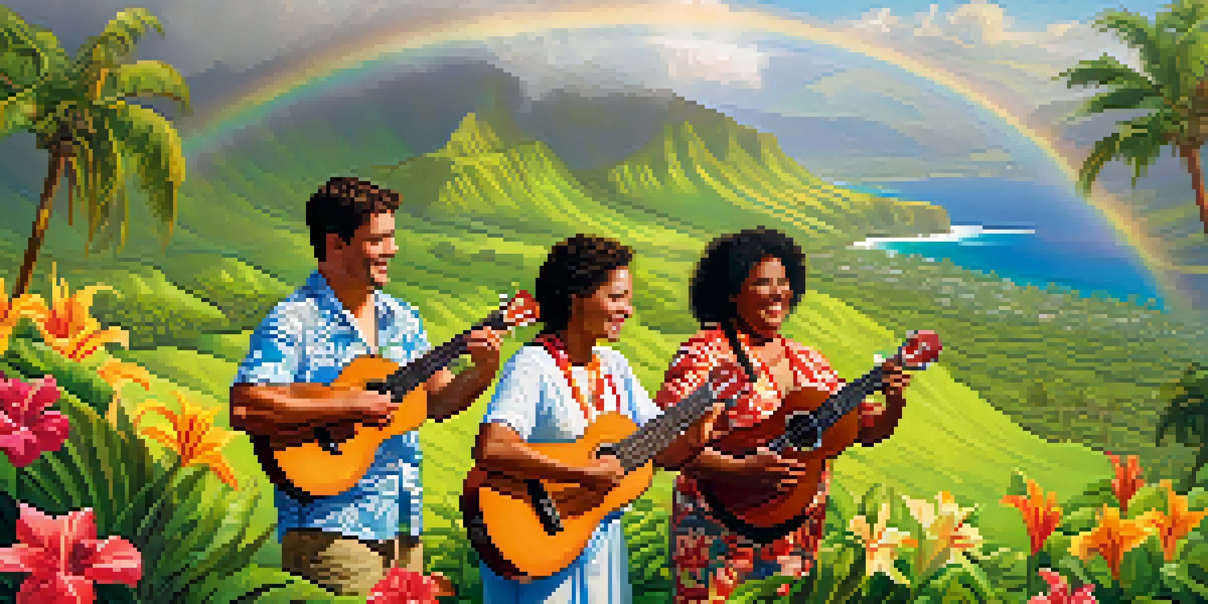 A group of people playing ukuleles in a lush Hawaiian valley with a rainbow and tropical flowers.