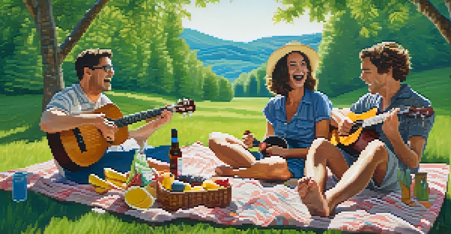 A group of friends having fun around a picnic blanket with a ukulele in a park setting.
