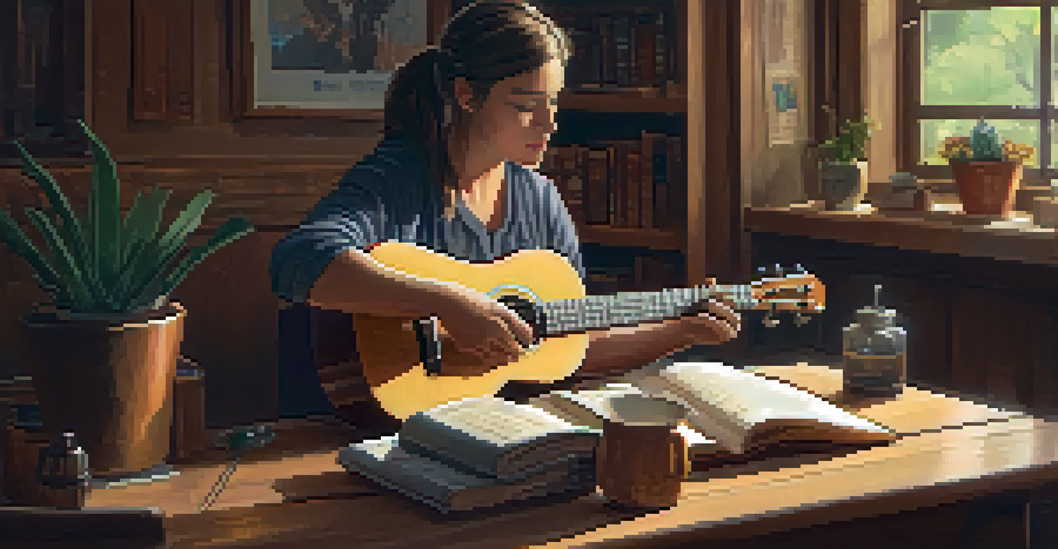 An adult learning to play the ukulele at a wooden table, surrounded by books and a tablet in a cozy indoor setting.