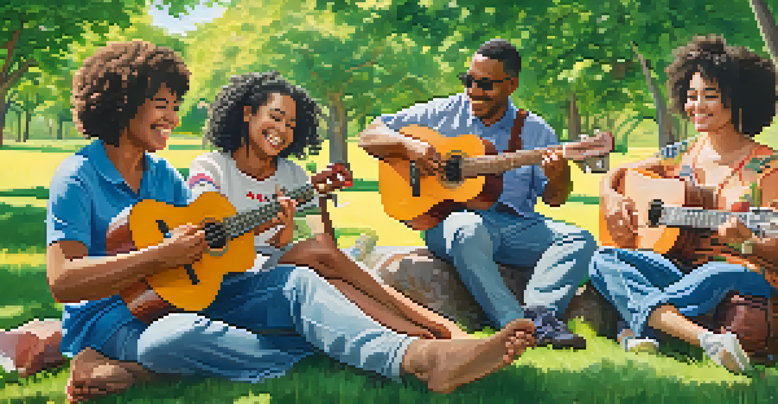 A diverse group of people playing ukuleles together in a sunny park, surrounded by trees and blue sky.