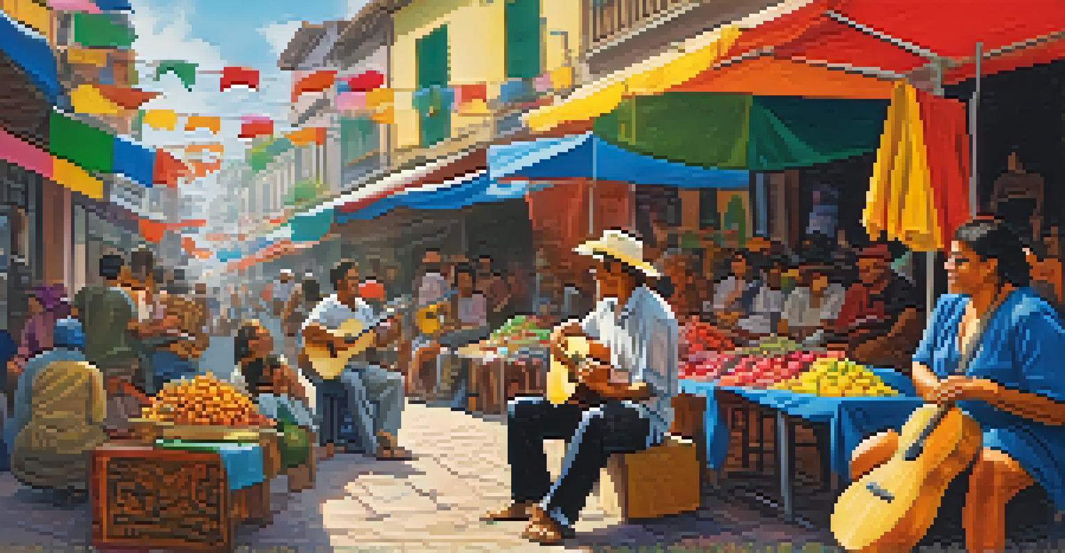 An artist playing the ukulele in a lively Latin American street market, surrounded by colorful stalls and people enjoying the atmosphere.