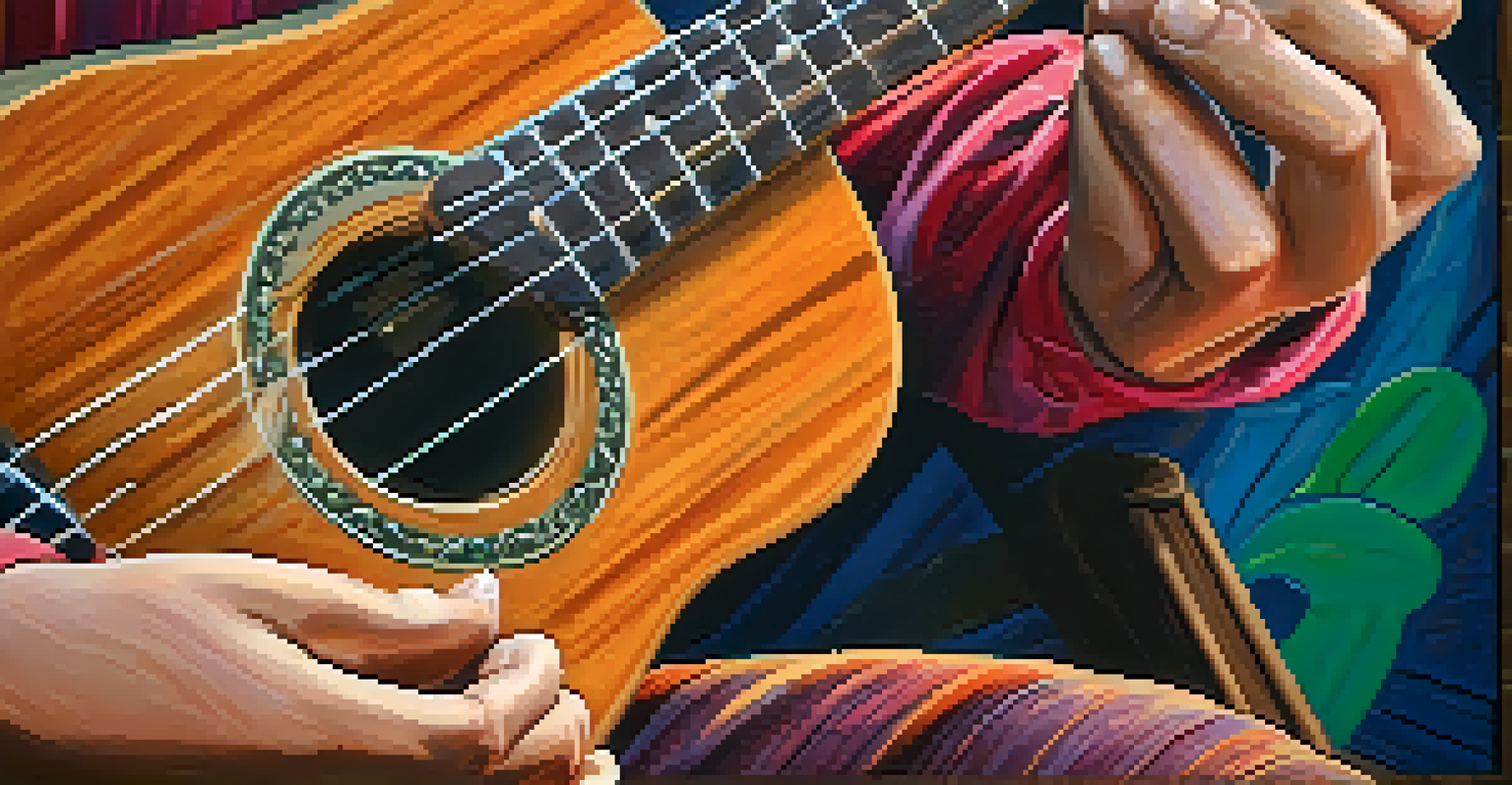 A close-up of hands strumming a ukulele, highlighting the instrument's details and vibrant chord illustrations in the background.