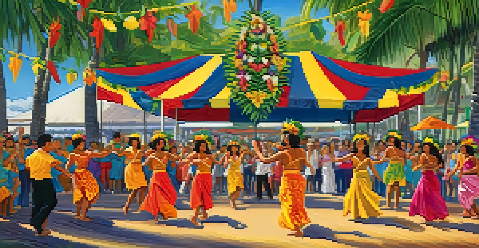 A lively Hawaiian cultural festival with people dancing and musicians performing on stage.