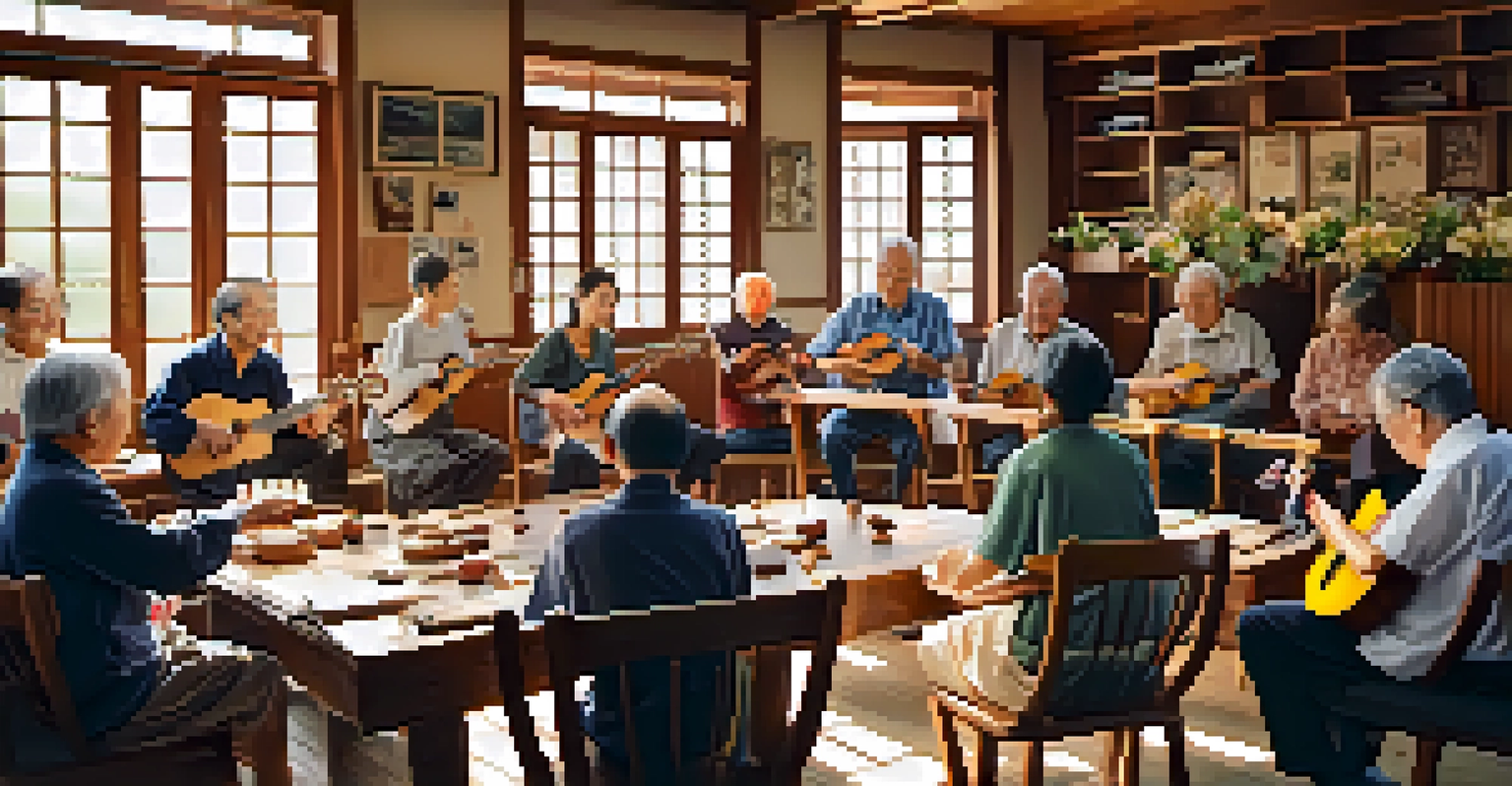 An elderly man teaching a group of students how to play the ukulele in a bright, warm workshop.