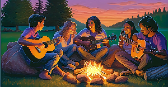 A group of people gathered around a campfire at dusk, playing ukuleles and discussing environmental topics.