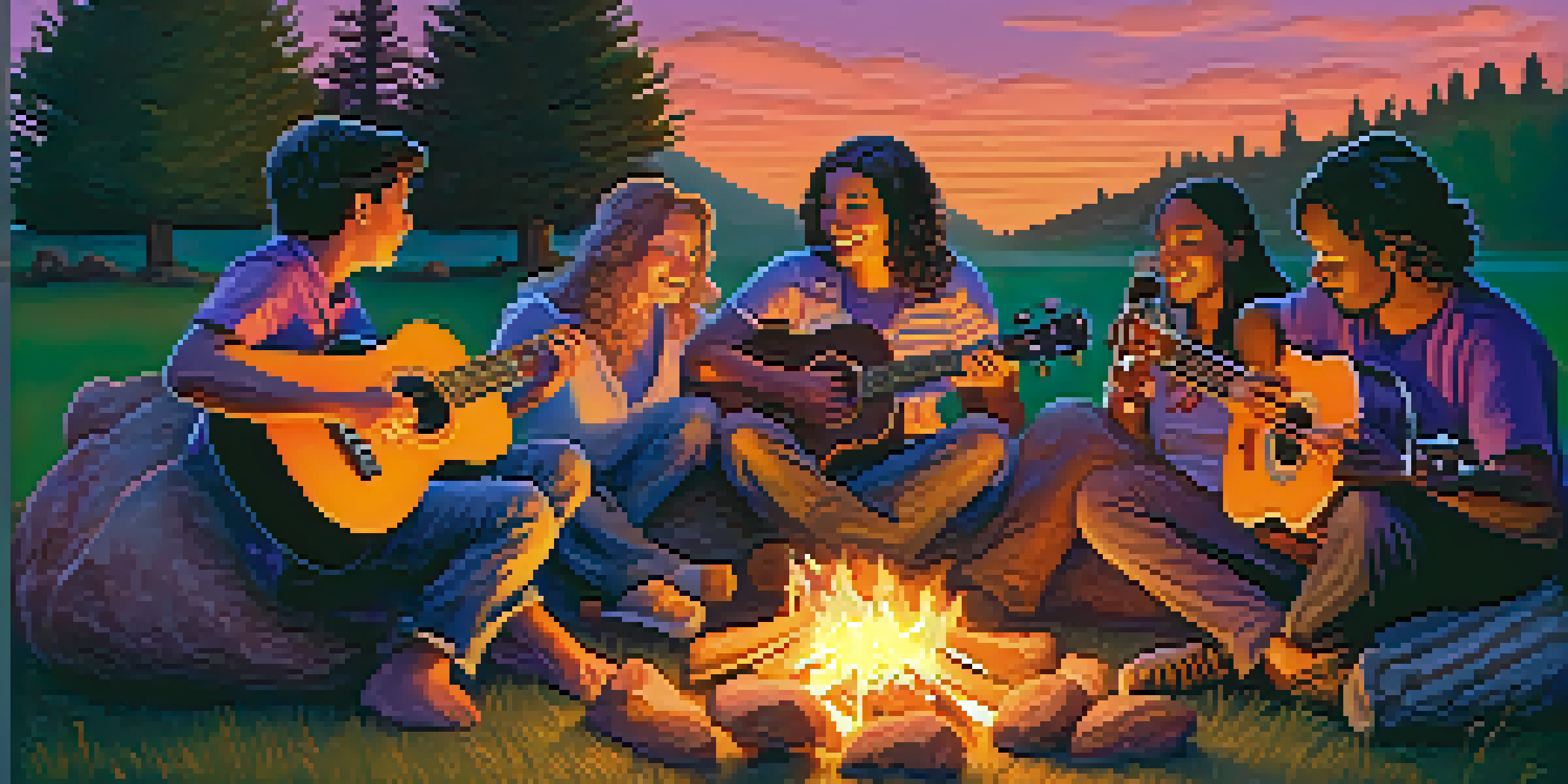 A group of people gathered around a campfire at dusk, playing ukuleles and discussing environmental topics.