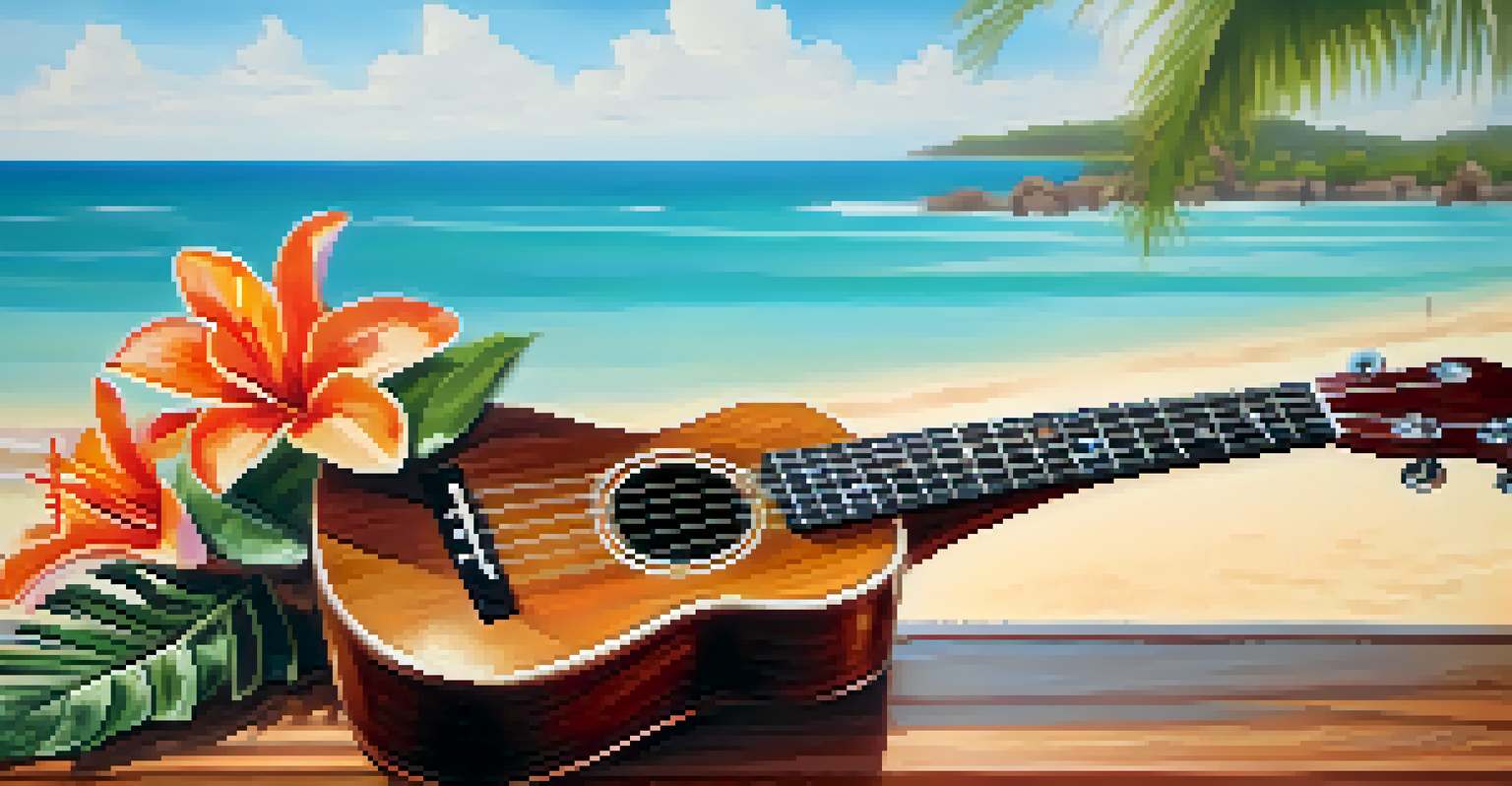 A close-up of a beautifully crafted ukulele on a wooden table, decorated with tropical flowers and a seashell.