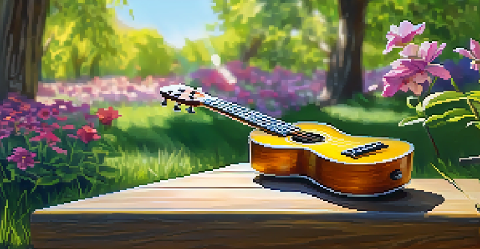 A ukulele on a picnic table surrounded by flowers and grass in a sunny park.