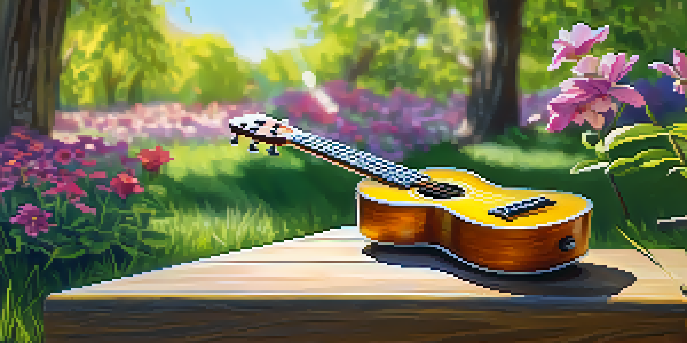 A ukulele on a picnic table surrounded by flowers and grass in a sunny park.