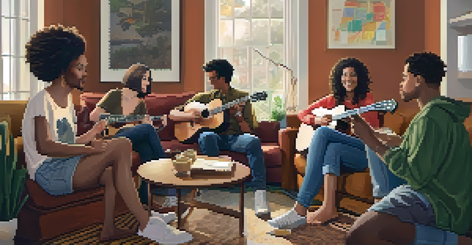 A group of friends collaborating on music in a cozy living room, with one playing the ukulele and others sharing ideas and lyrics.