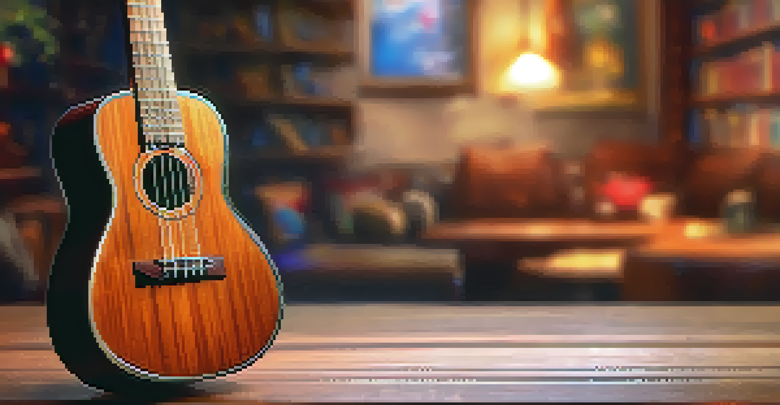 A close-up of a hand strumming a ukulele, focusing on the vibrant strings and wooden body, with a warm and inviting background.