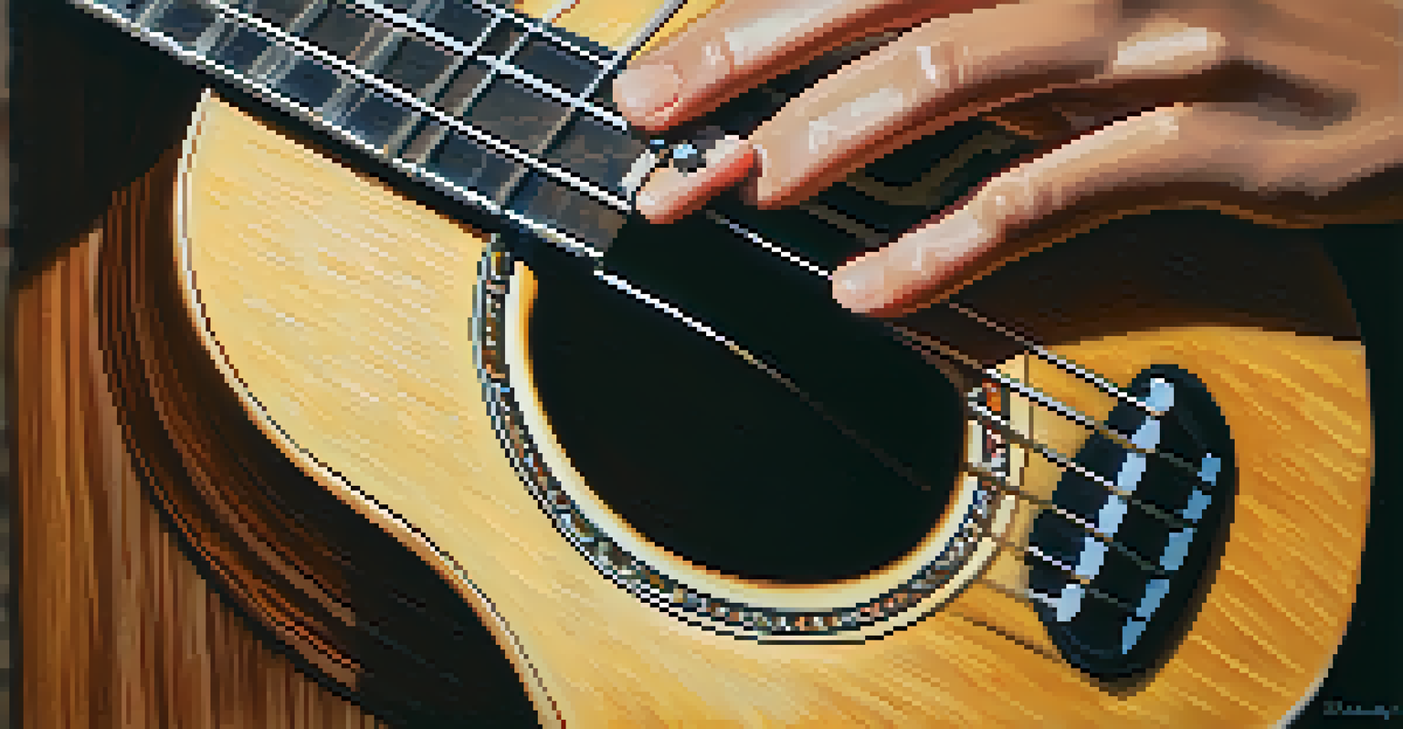 A close-up of a ukulele being played, featuring fingers on the fretboard and natural light highlighting the instrument.