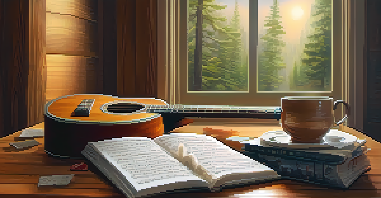 An indoor scene with a ukulele on a wooden table, notebooks with lyrics, and a cup of tea.